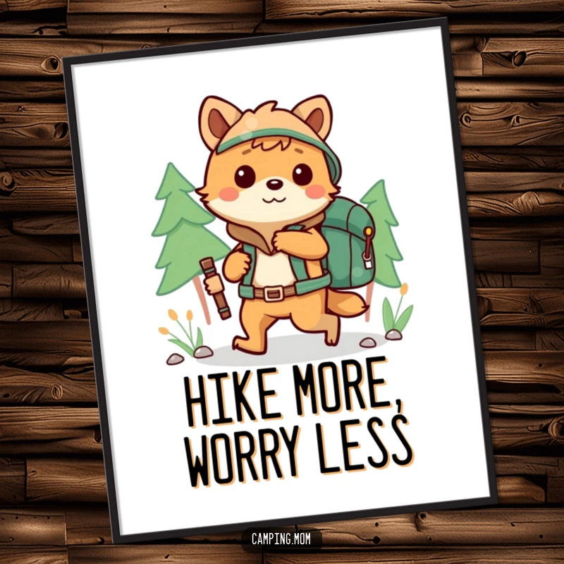 Funny Free Printable Wall Art of a camping animal playfully hiking with a backpack, bringing a sense of adventure and humor to any wall.