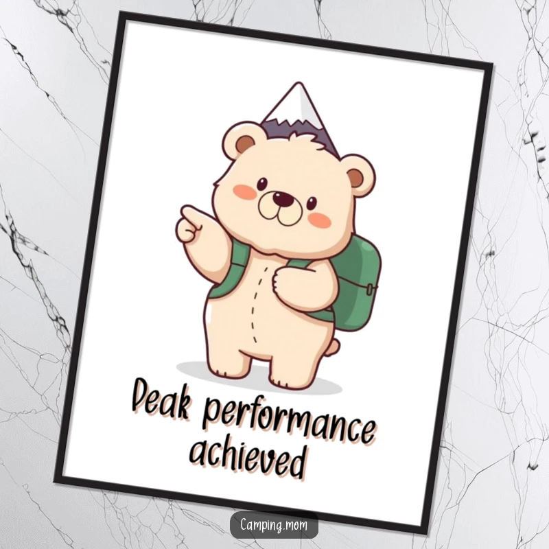 Funny Free Printable Wall Art: Fluffy mama bear with backpack excitedly points towards a mountain peak, ready for adventure.