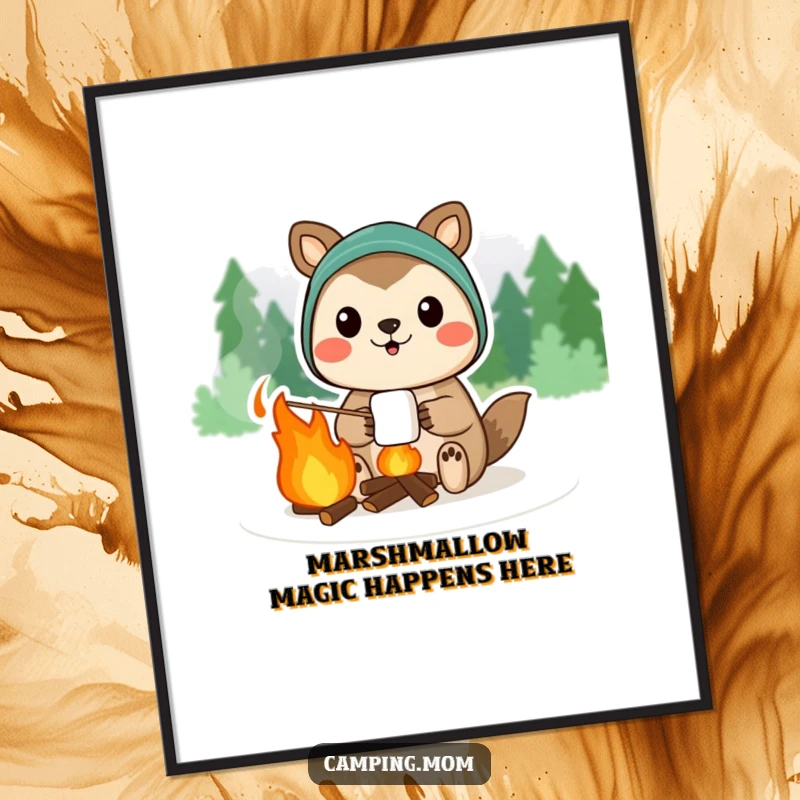 Funny Free Printable Wall Art of a camping animal proudly displaying a campfire marshmallow, capturing the joy of simple pleasures and outdoor fun.