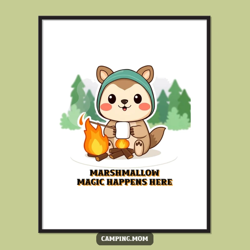 Funny Free Printable Wall Art: Marshmallow Camping Animal Campfire Downloadable