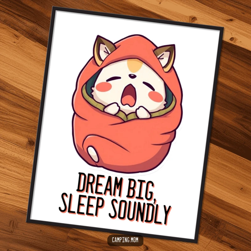 Funny Free Printable Wall Art of a camping animal yawning widely in a sleeping bag, evoking feelings of comfort, relaxation, and gentle humor.