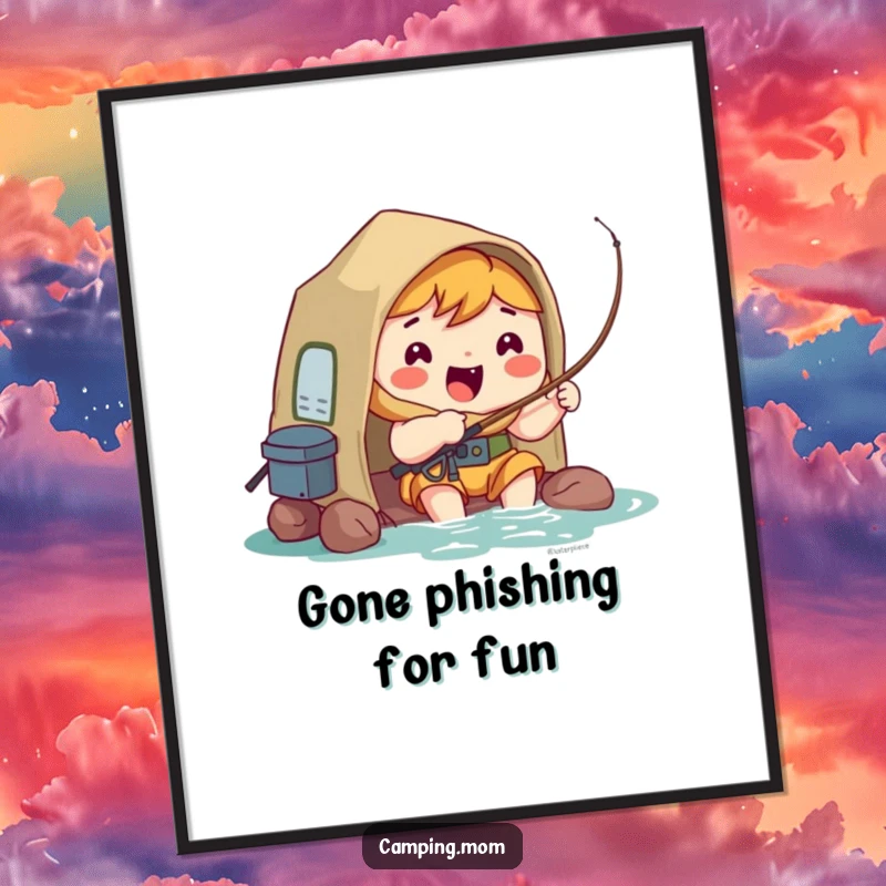 Funny Free Printable Wall Art: Adorable kawaii camper joyfully fishing in a serene setting, ready to be printed and displayed.