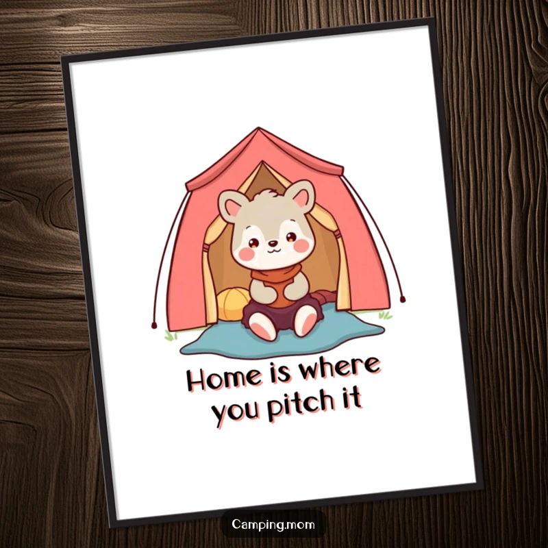 Funny Free Printable Wall Art: A joyful camping mom animal character happily pitching a bright, colorful tent in the wilderness.