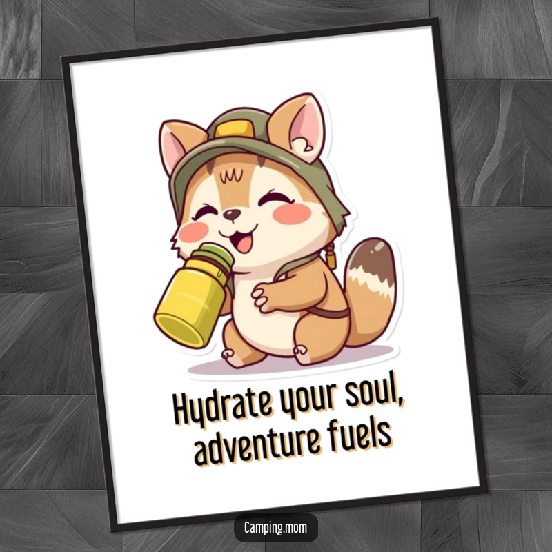 Funny free printable wall art: camping animal joyfully sipping from a canteen, depicting a moment of outdoor bliss.