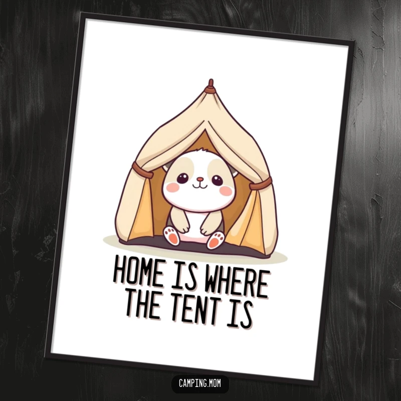 Whimsical Free Printable Kawaii camping animal peeking with delight from a miniature tent, for charming wall art.