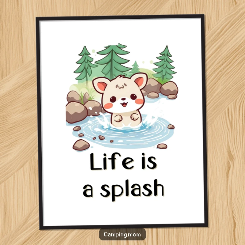 Playful Free Printable Kawaii camping animal creating joyous splashes while bathing in a tiny stream.