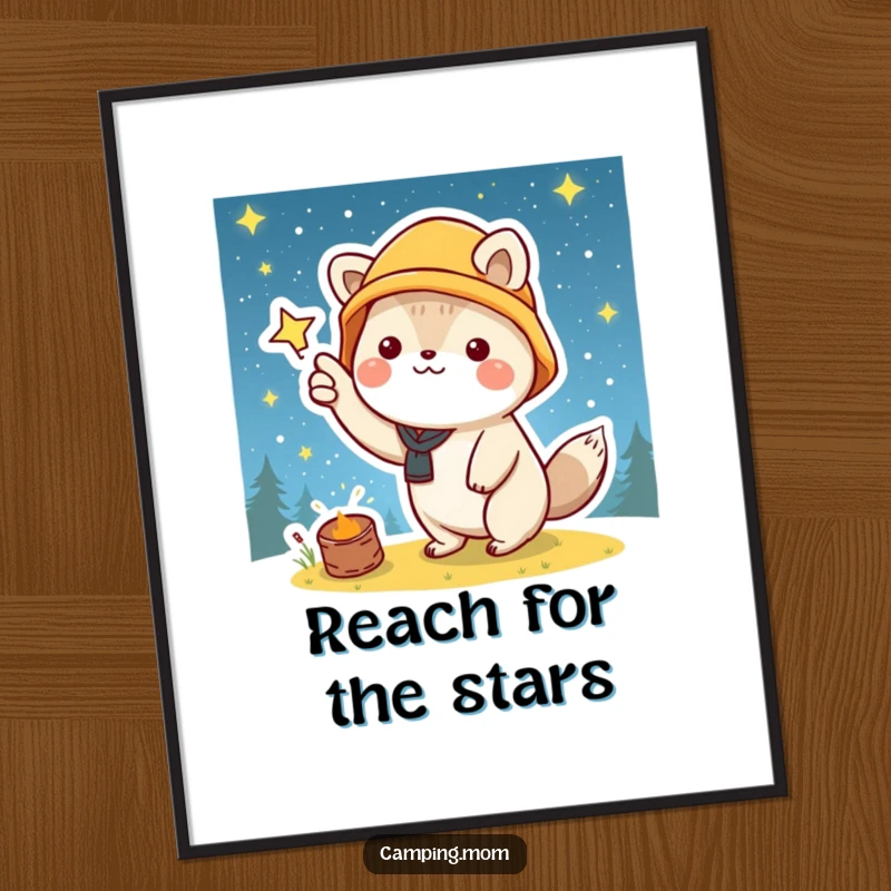 Dreamy Free Printable Kawaii camping animal pointing towards a magnificent starry night sky for wall art.