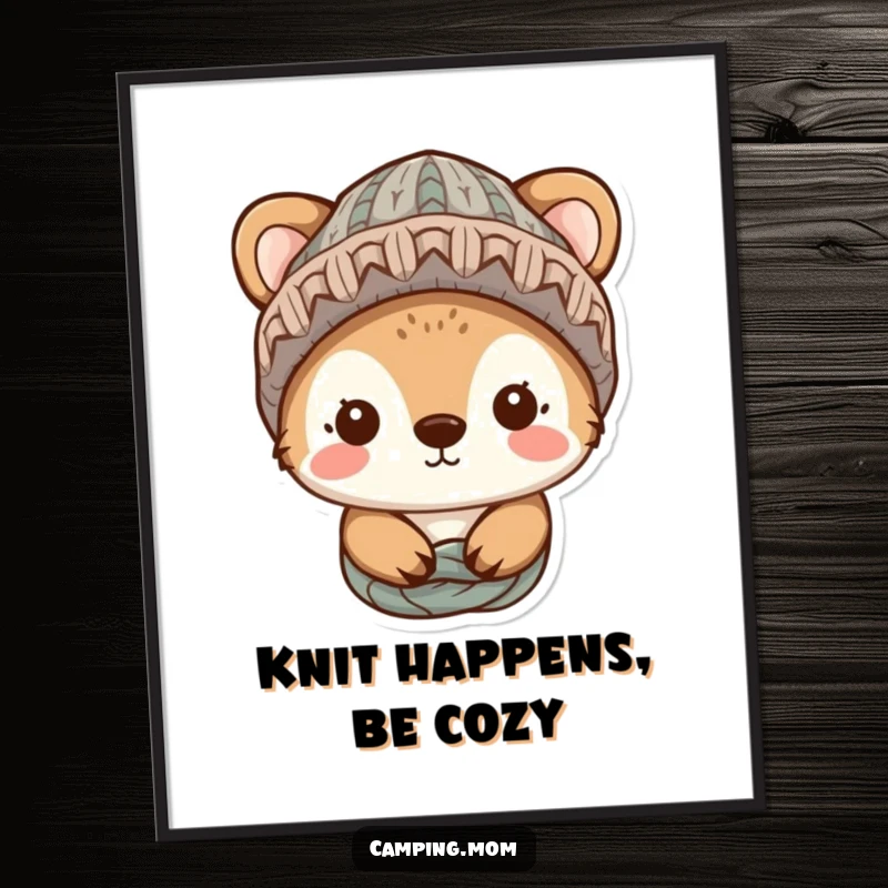Funny Free Printable Wall Art: A cute animal character in a knitted hat, looking snug and radiating cozy, peaceful vibes.