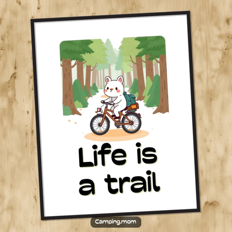 Funny Free Printable Wall Art: a playful camping animal character joyfully riding a bicycle down a vibrant forest path.