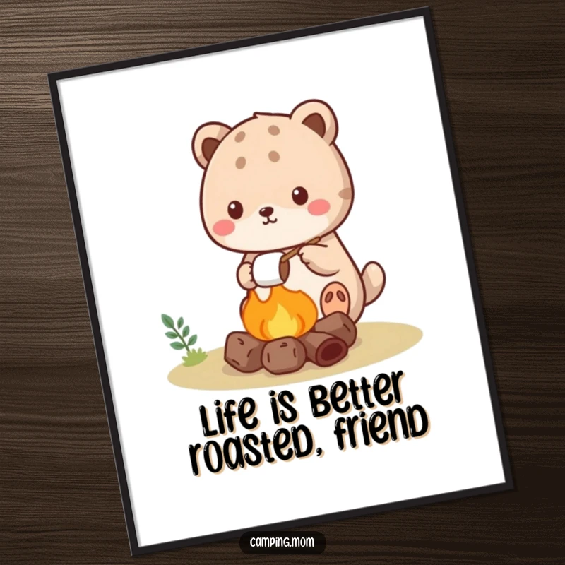 Funny Free Printable Wall Art: A kawaii camping animal happily roasts a marshmallow over a tiny campfire, creating cozy art.