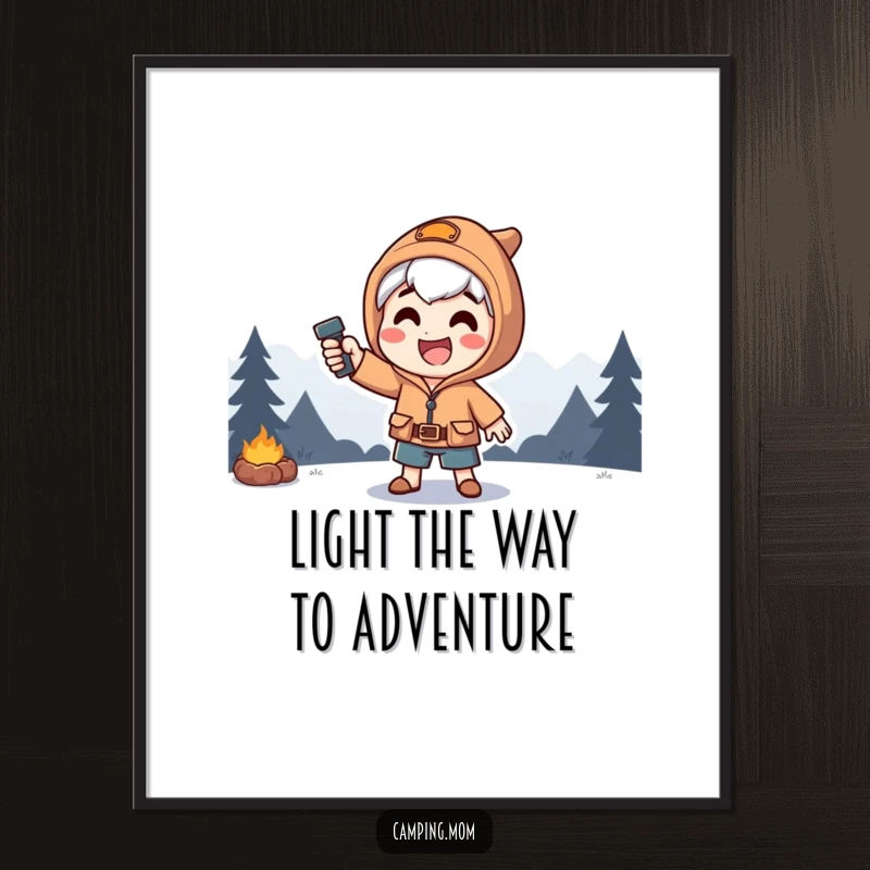Funny Free Printable Wall Art showing a happy camper in a dramatic pose, casting a bold flashlight beam into the darkness.