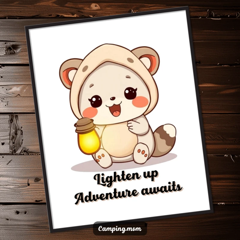 Funny Free Printable Wall Art: Camping mom animal holds a lantern filled with warm, inviting light, symbolizing adventure and comfort.