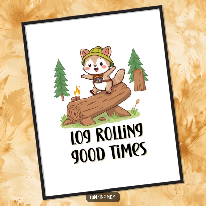 Funny Free Printable Wall Art of a camping animal gleefully skipping over a log, capturing a moment of pure joy and playful energy.
