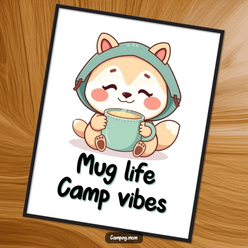 Funny Free Printable Wall Art: Camping mom animal savoring a steaming mug, exuding peace and the joy of simple pleasures.
