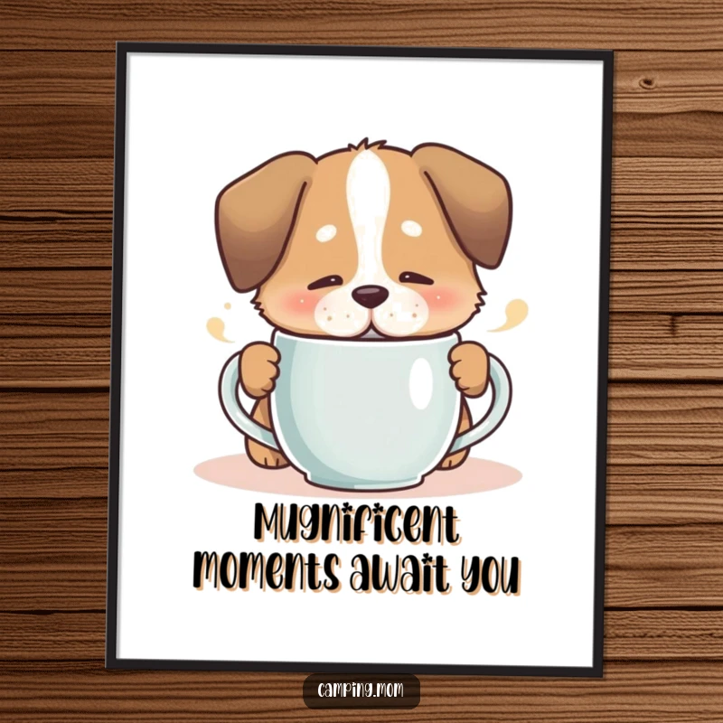 Funny Free Printable Wall Art: Dog sips from a steaming mug with eyes closed in contentment.