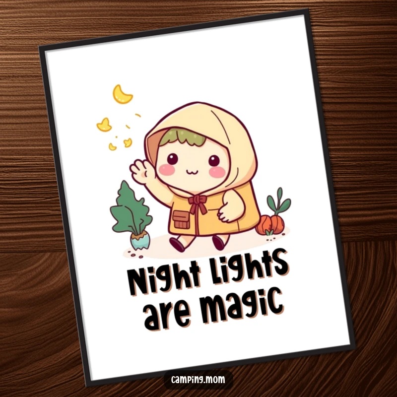 Funny Free Printable Wall Art: Cute kawaii camper waving goodbye to magical fireflies under a starry sky, perfect for display.
