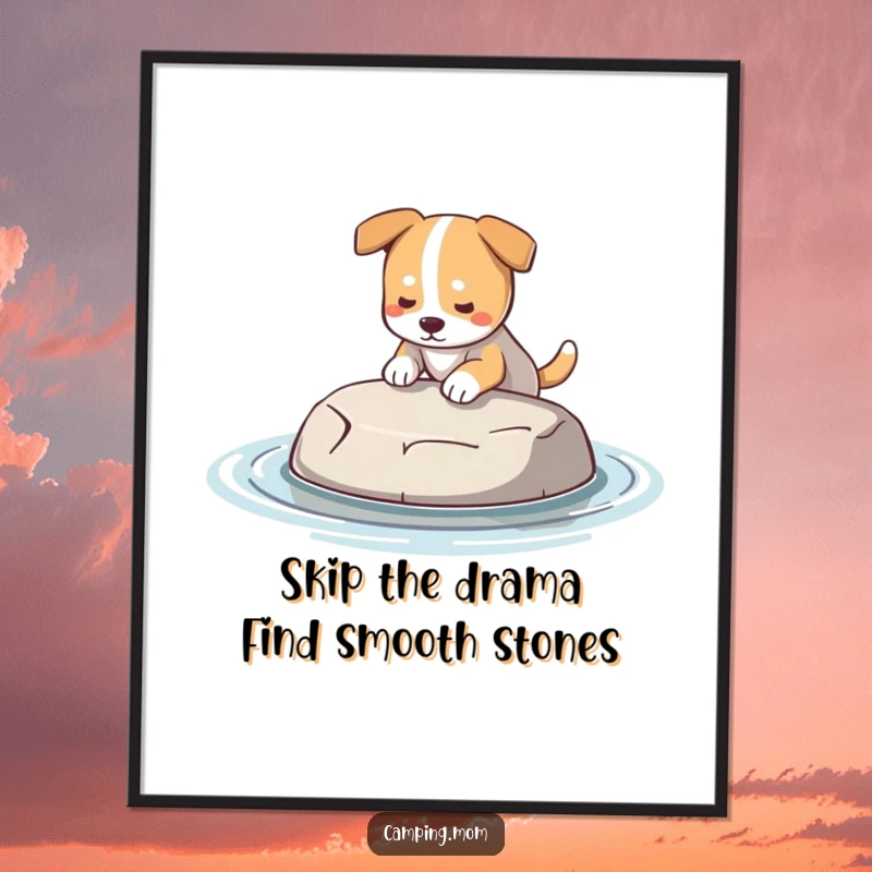 Funny free printable wall art shows a dog carefully selecting a smooth, perfectly round stone for skipping.