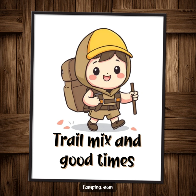 Funny Free Printable Wall Art: A cheerful kawaii character with a backpack hikes along a path with a wide, happy grin.