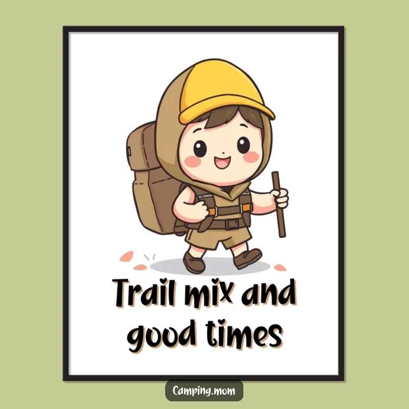 Funny Free Printable Wall Art: Kawaii Hiker Grinning, Humorous Hiking Decor, Downloadable Art Gift