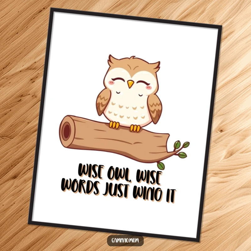 Funny Free Printable Wall Art featuring a contented owl hooting happily with closed eyes on a log, a serene woodland scene.