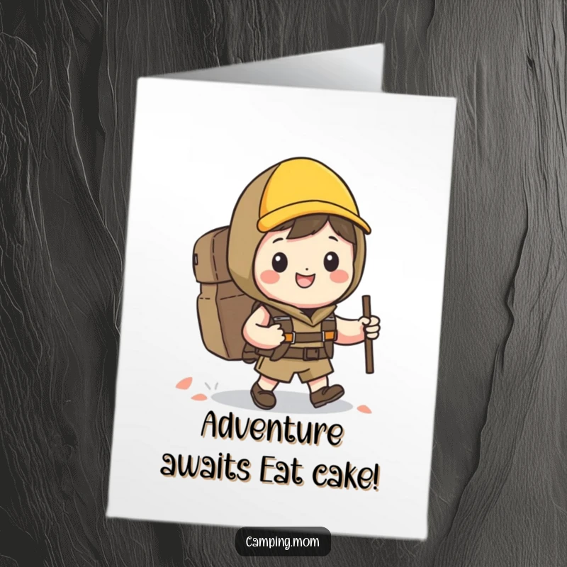 Funny Free Printable Birthday Card: A happy kawaii hiker with a backpack grins while on a trail, ready for adventure.
