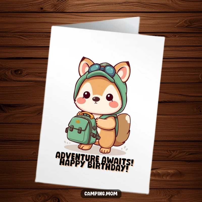 Excited Free Printable Kawaii camping animal with a backpack, ready for birthday adventures.