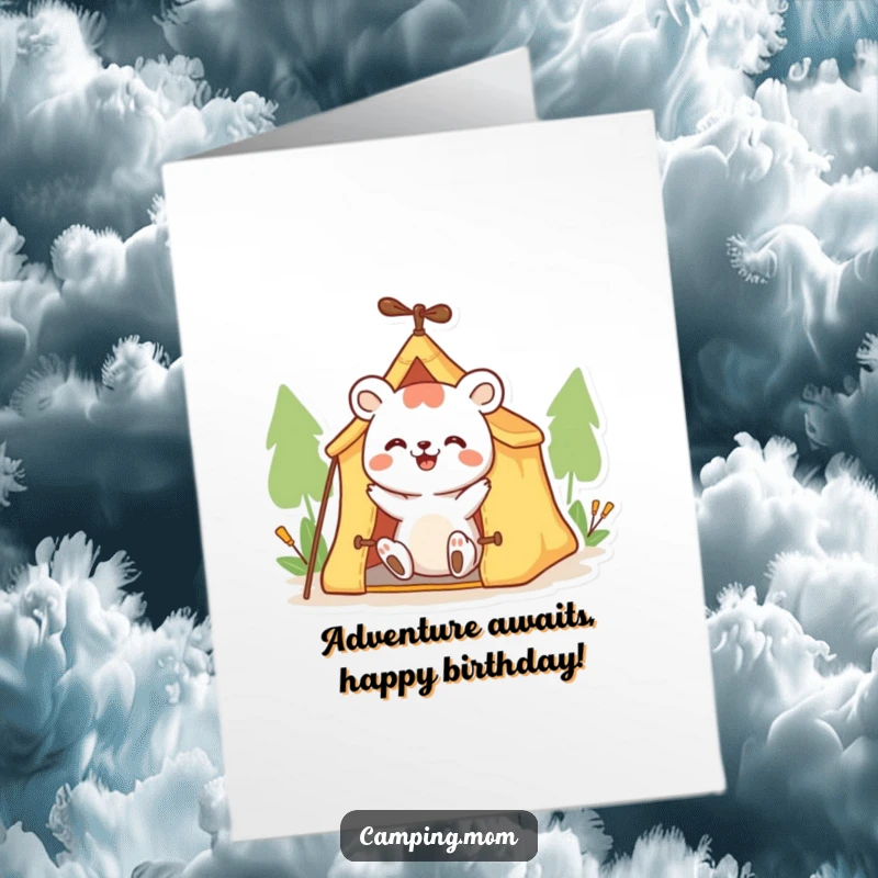 Funny Free Printable Birthday Card: Eager animal happily setting up a tiny tent, ready for adventure, a great DIY gift.