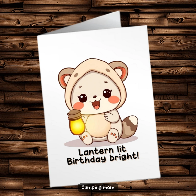 Funny Free Printable Birthday Card: Camping mom animal holds a lantern overflowing with bright glow, symbolizing happy birthday radiance.