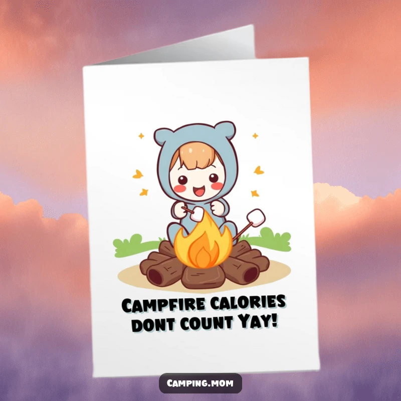 Funny free printable birthday card featuring a happy character toasting marshmallows by a campfire, perfect for a DIY gift.