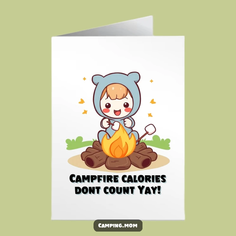 Free Printable Birthday Card: Funny Campfire Marshmallow Roasting Character Downloadable Gift