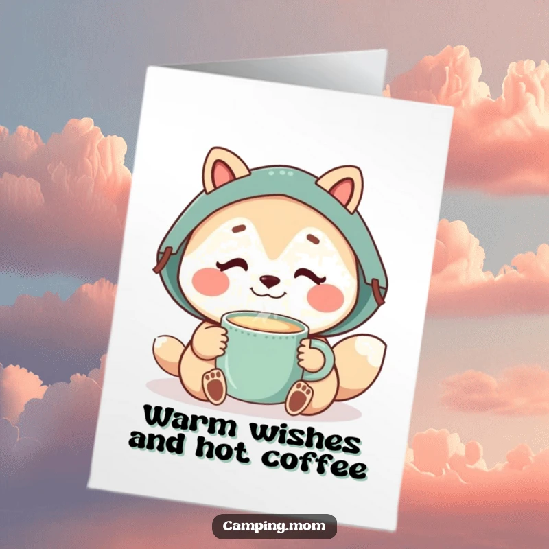 Funny Free Printable Birthday Card: Camping mom animal happily sips from a steaming mug, radiating warmth and birthday cheer.
