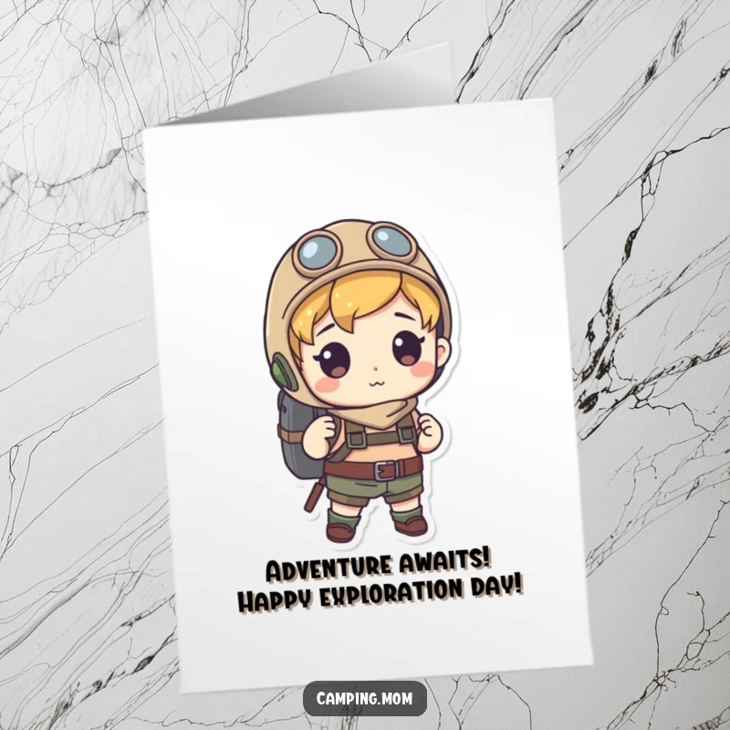 Funny Free Printable Birthday Card: Energetic explorer with a backpack is ready to hike and celebrate your birthday.