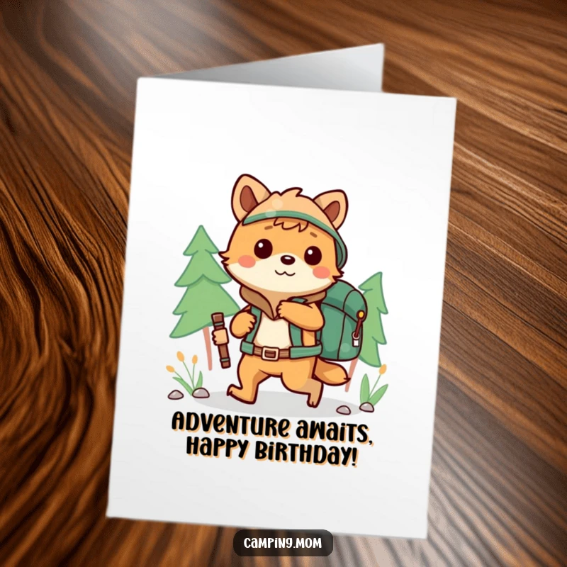 Funny Free Printable Birthday Card showing an energetic camping animal hiking with a backpack, ready for adventure and celebration.