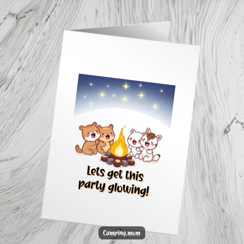 Funny Free Printable Birthday Card: Animal characters huddling around a glowing campfire under stars, celebrating a birthday.