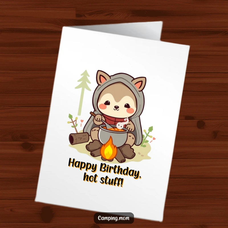 Funny Free Printable Birthday Card: A happy camping mom animal character stirs a bubbling pot of stew over a crackling campfire.
