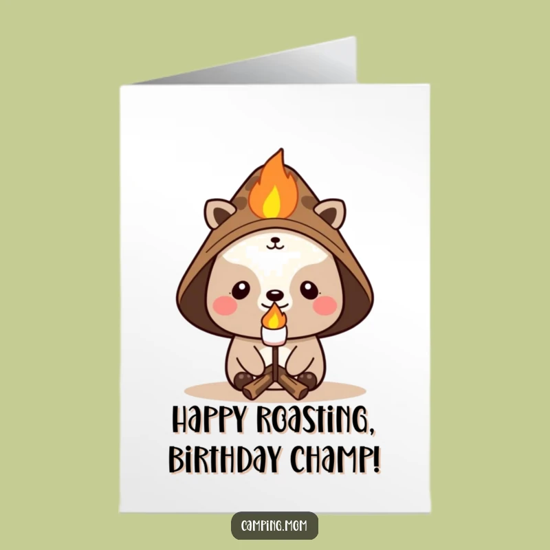 Free Printable Birthday Card: Cheerful Camper Roasting Marshmallow - Fun Gift