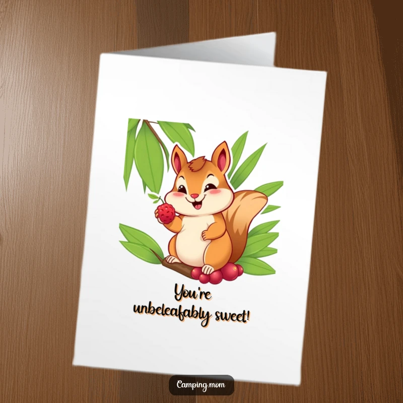 Funny Free Printable Birthday Card featuring a cheerful chipmunk offering a berry with a sweet smile, wishing happy birthday.