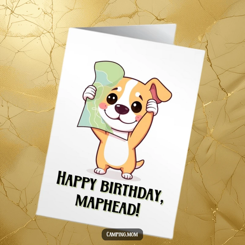 Funny Free Printable Birthday Card: Dog holds a map upside down with a confused expression.