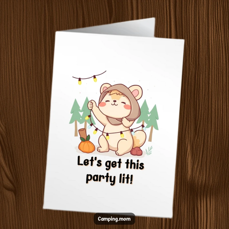 Funny free printable birthday card, camping mom animal energetically setting up fairy lights, festive decoration, celebration.