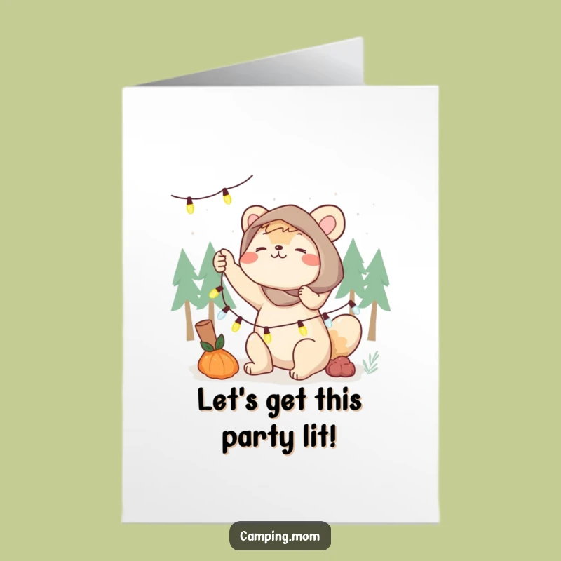 Free Printable Birthday Card: Energetic Camping Mom Decorating, Festive Lights