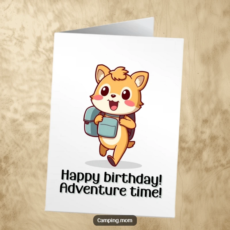 Funny Free Printable Birthday Card: Excited animal with a backpack walking eagerly, ready for a birthday adventure, a downloadable.