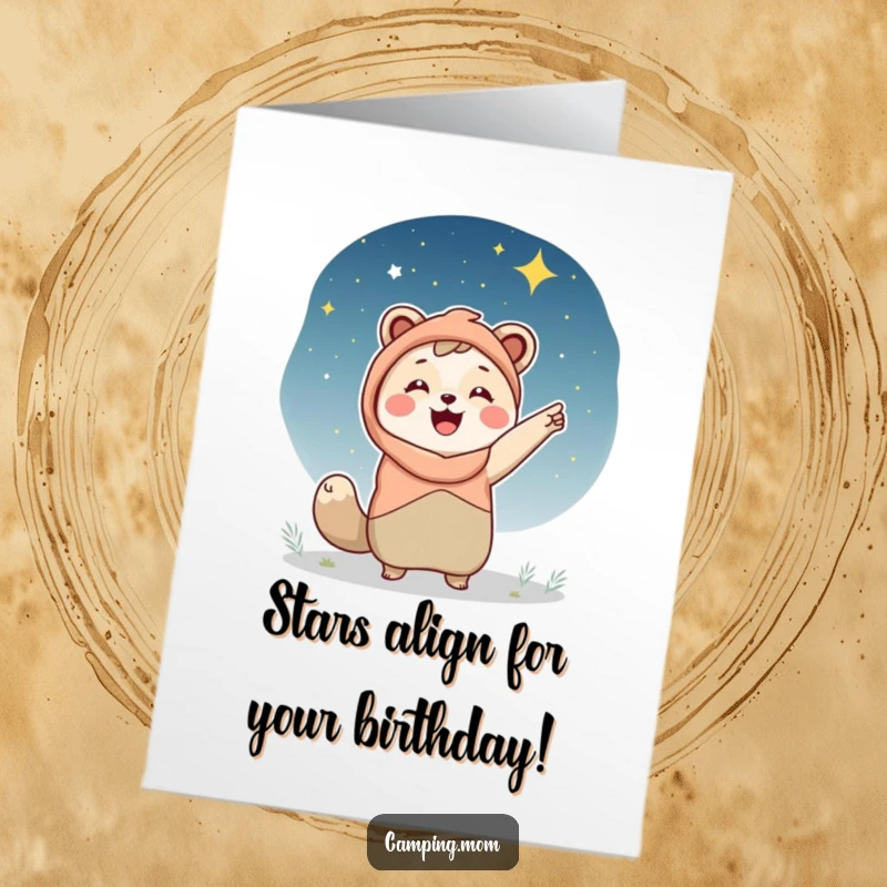 Funny free printable birthday card, camping mom animal pointing happily at a starry night sky, wonder, outdoor celebration.