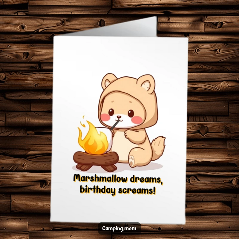 Funny free printable birthday card, camping mom animal with perfect golden marshmallow, happy roasting, outdoor celebration.