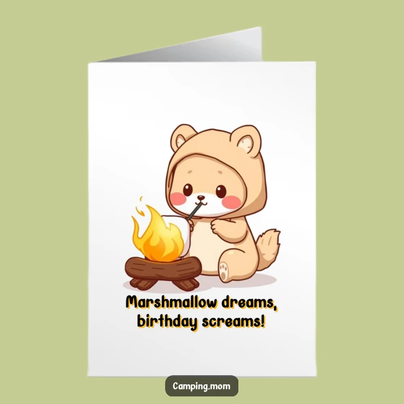 Free Printable Birthday Card: Funny Camping Mom Roasting Marshmallow, Perfect Golden Treat