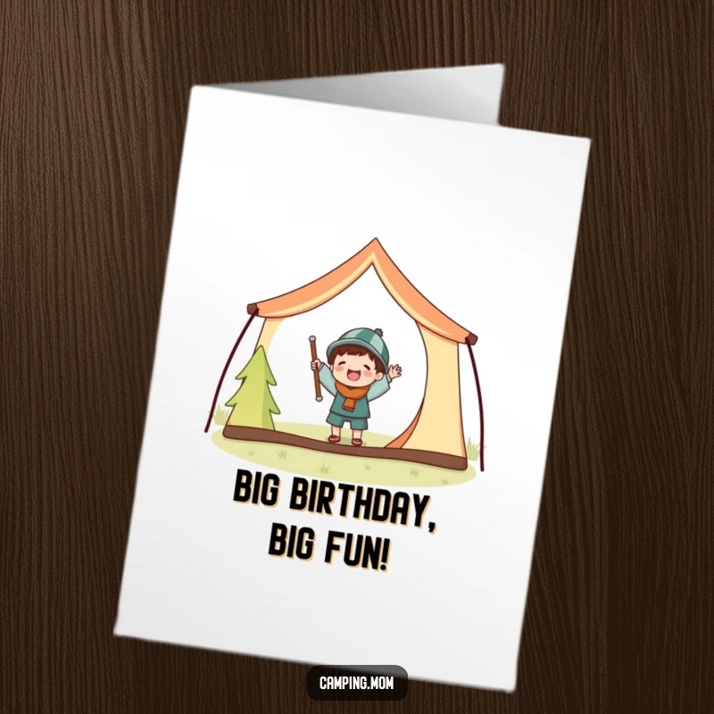 Funny Free Printable Birthday Card: A happy camper joyfully struggles with oversized poles while setting up a tent.