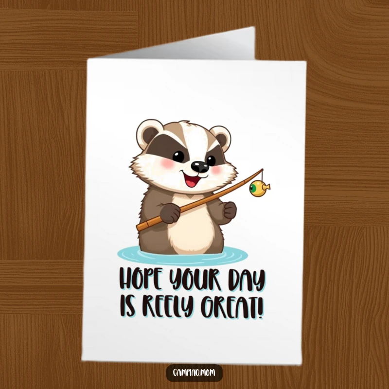 Funny Free Printable Birthday Card featuring a happy badger holding a fishing rod, eagerly anticipating a great catch with a smile.