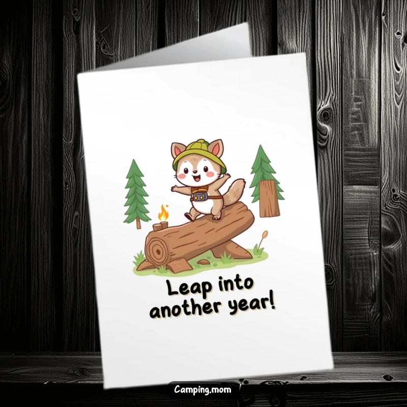Funny Free Printable Birthday Card of a camping animal gleefully skipping over a log, spreading pure joy and celebration.