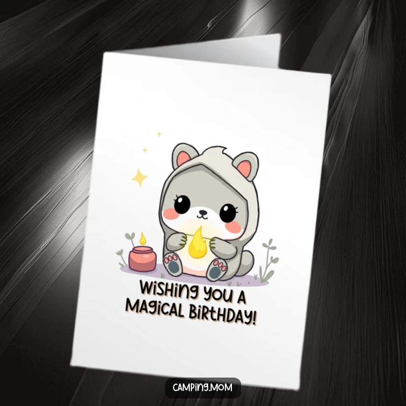 Funny Free Printable Birthday Card: Kawaii animal gazes in awe at a single, glowing firefly. Perfect for wonder-filled birthdays.