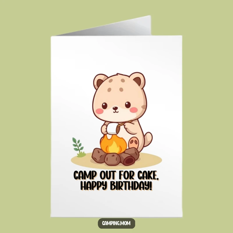 Free Printable Birthday Card: Kawaii Camper Roasts Marshmallows for Your Big Day!
