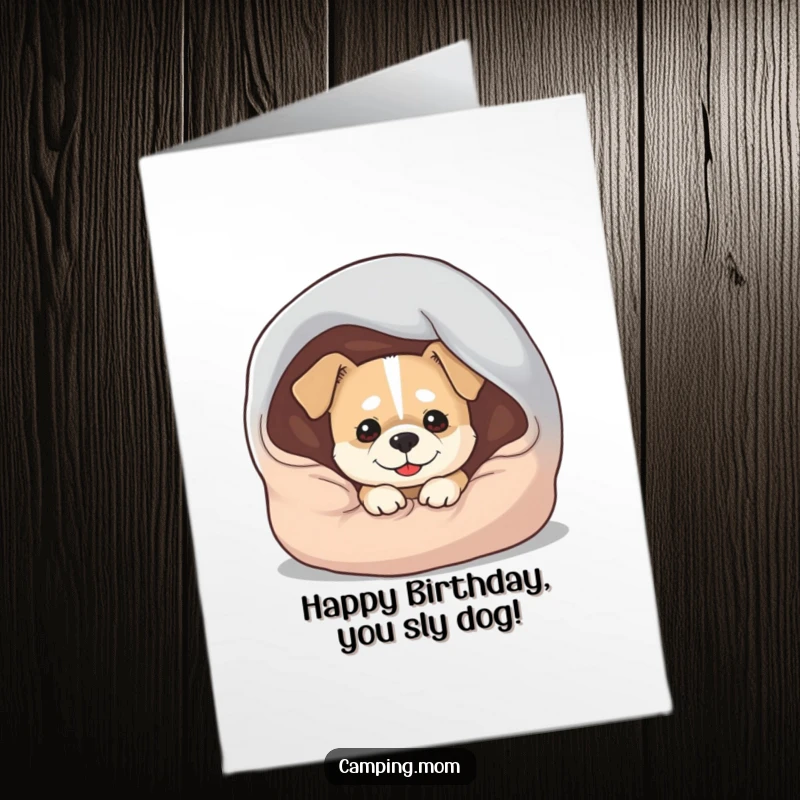 Funny free printable birthday card shows a dog peeking out from under a sleeping bag with a huge, mischievous grin.